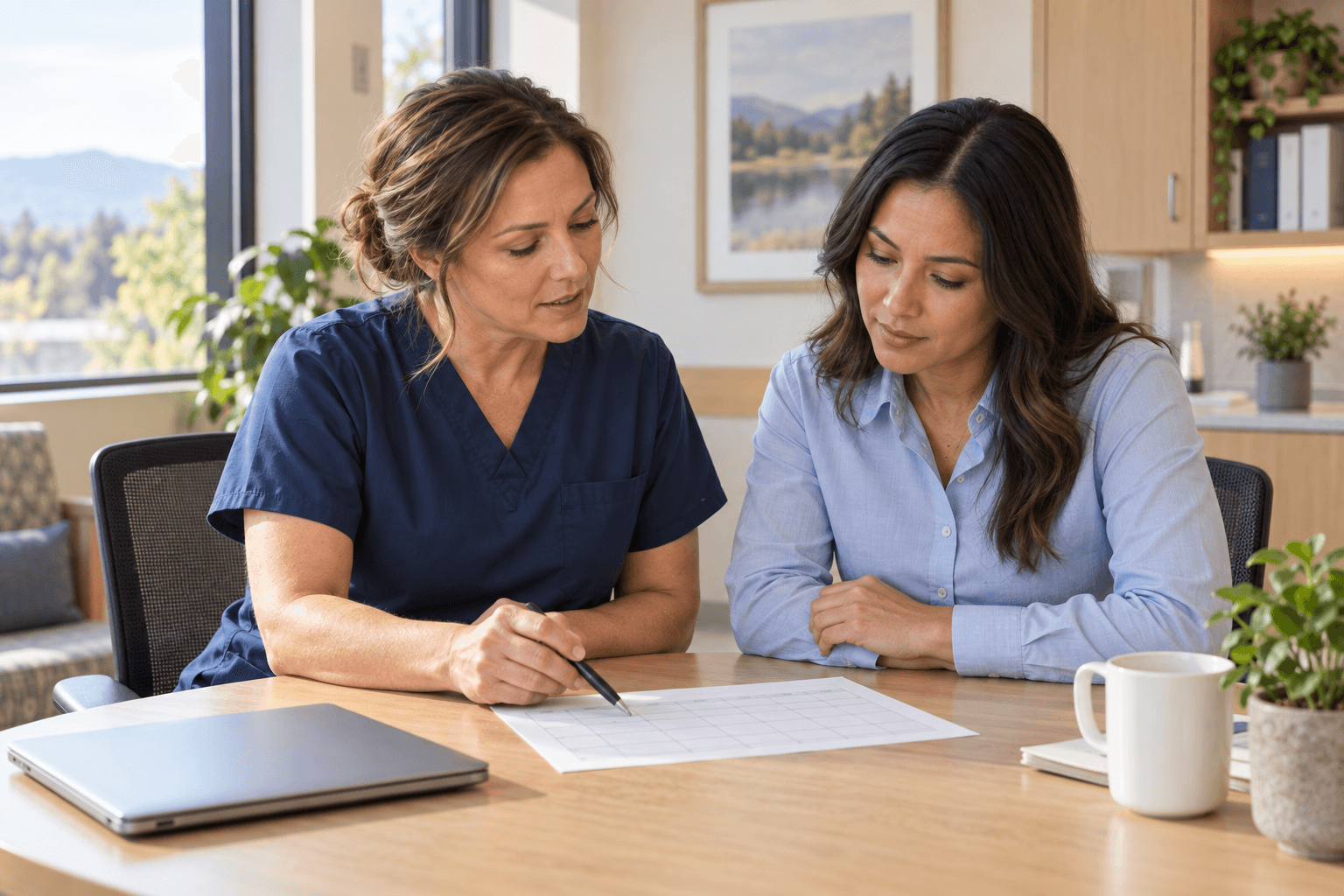 A nurse manager and an operations coordinator planning together at a table.