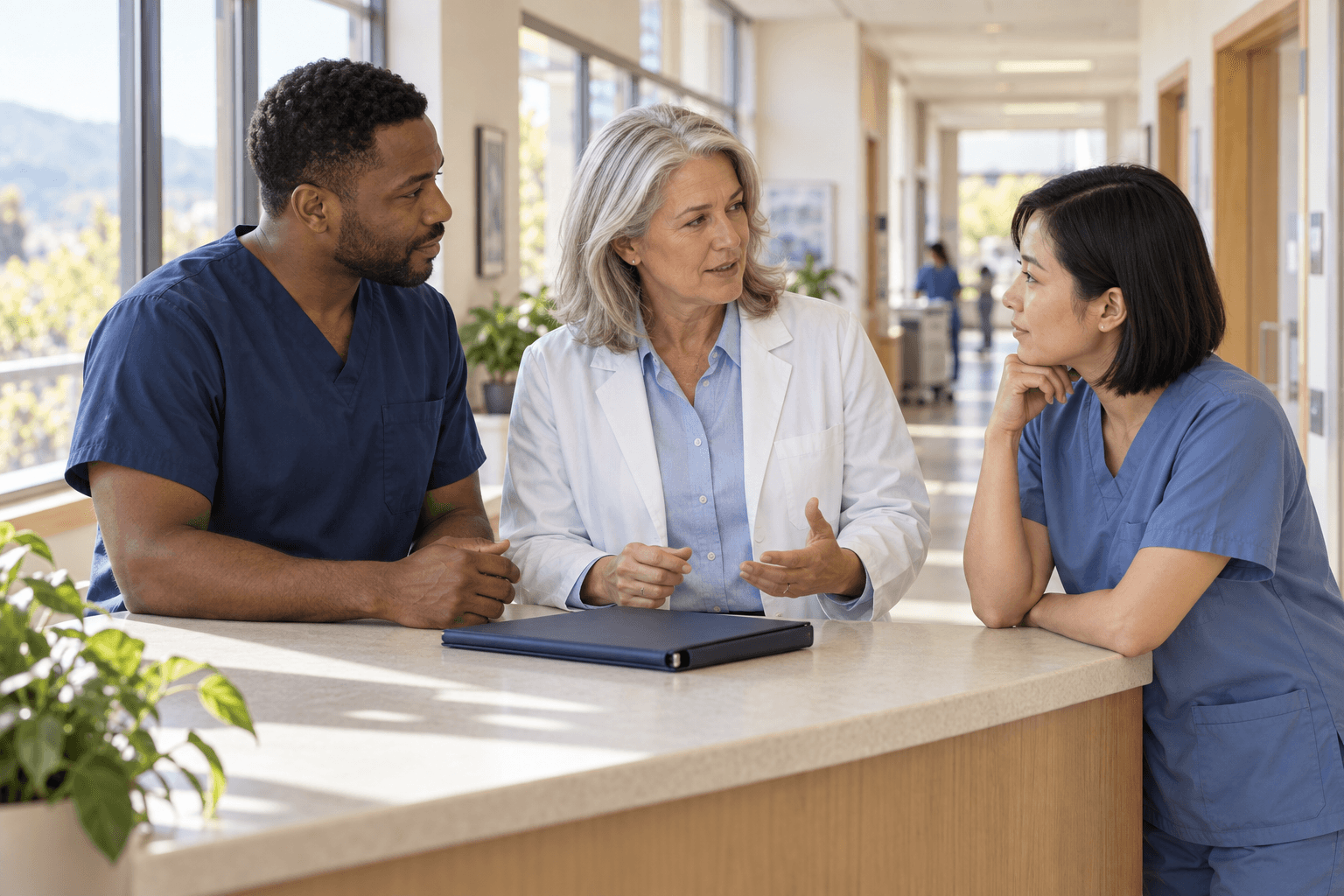 Three clinicians conferring around a counter in a clinic corridor.