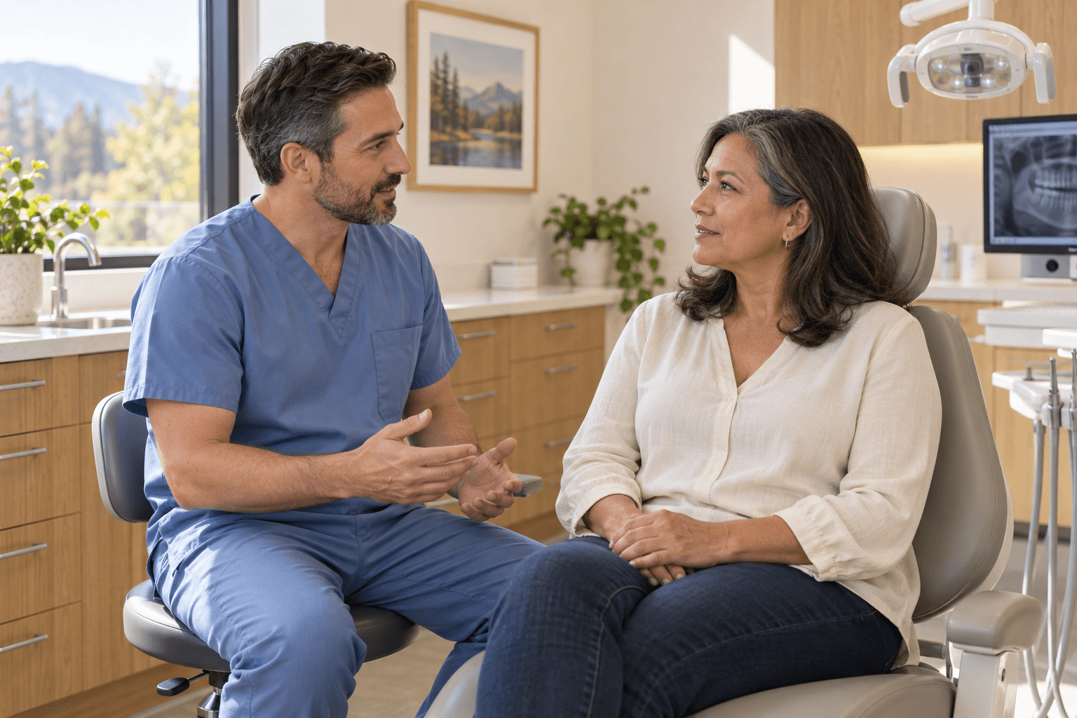 A male dentist and an adult woman discussing care beside an upright dental chair.