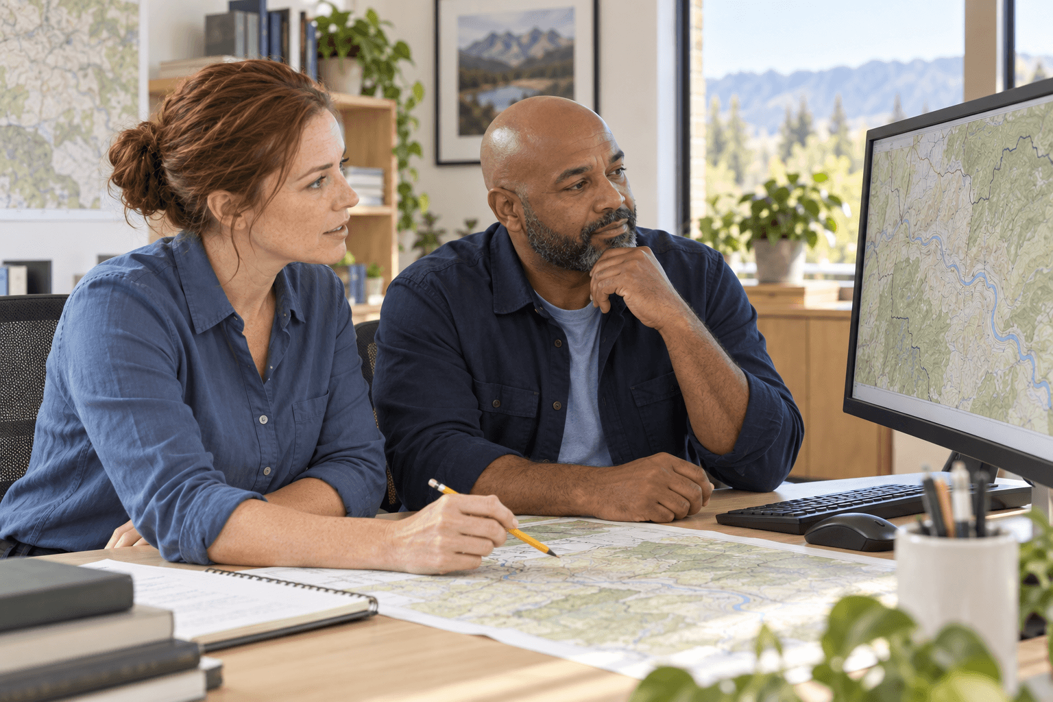 Two GIS analysts looking at a simple topographic map on a large monitor in an ordinary office.