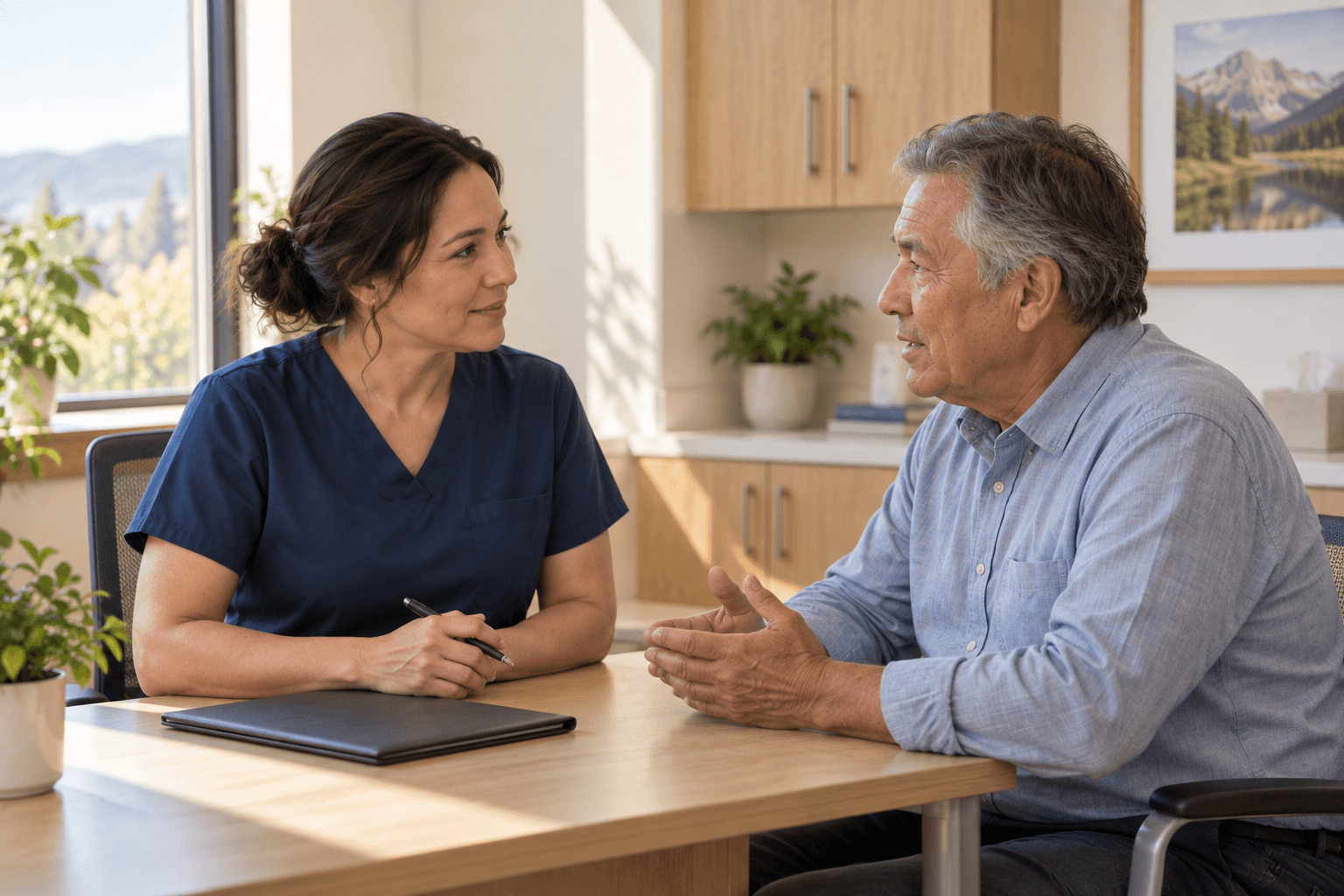 A woman clinician consulting with an older male patient seated in a clinic.