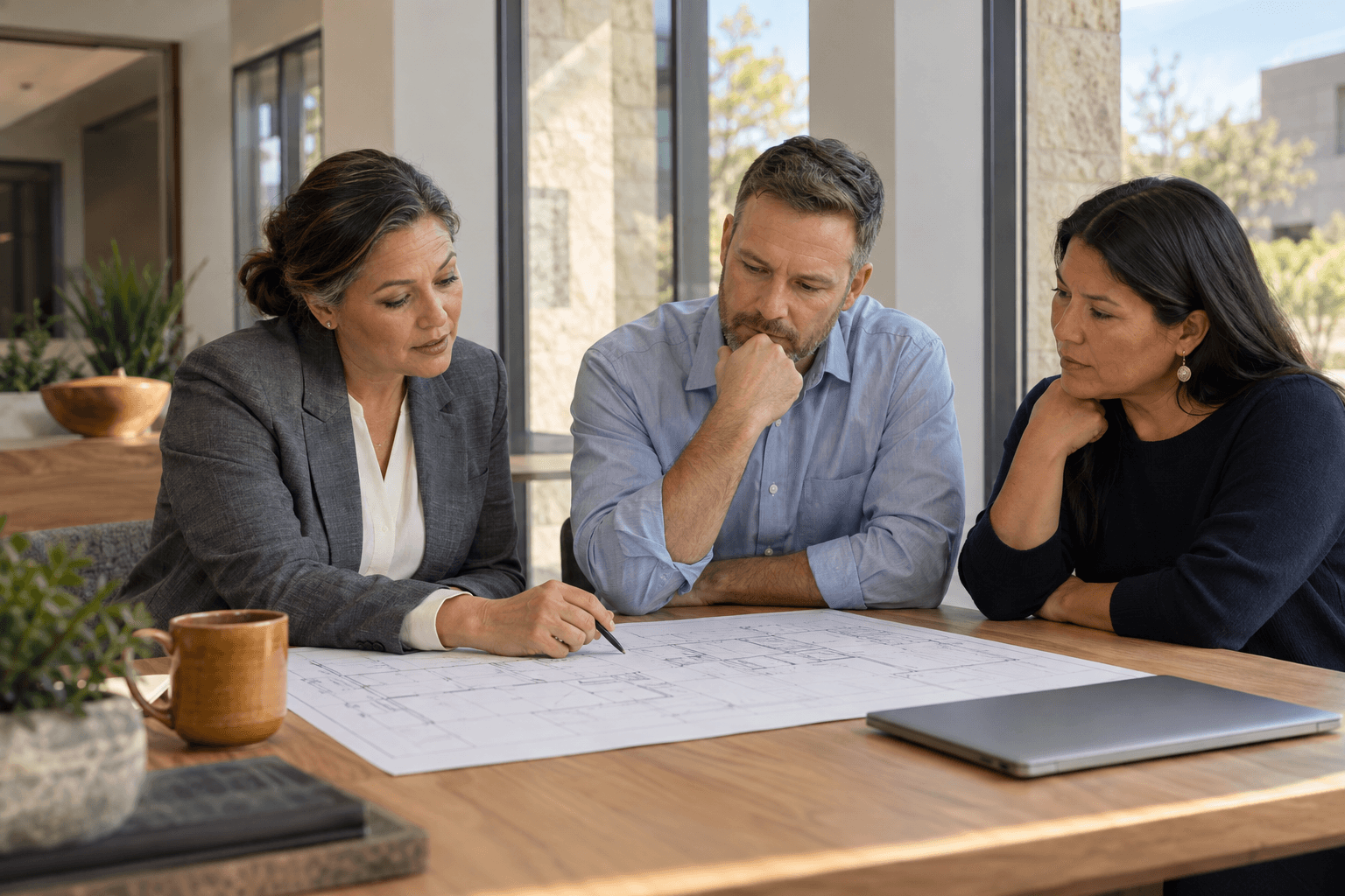 Three colleagues reviewing project documents together at an office table.