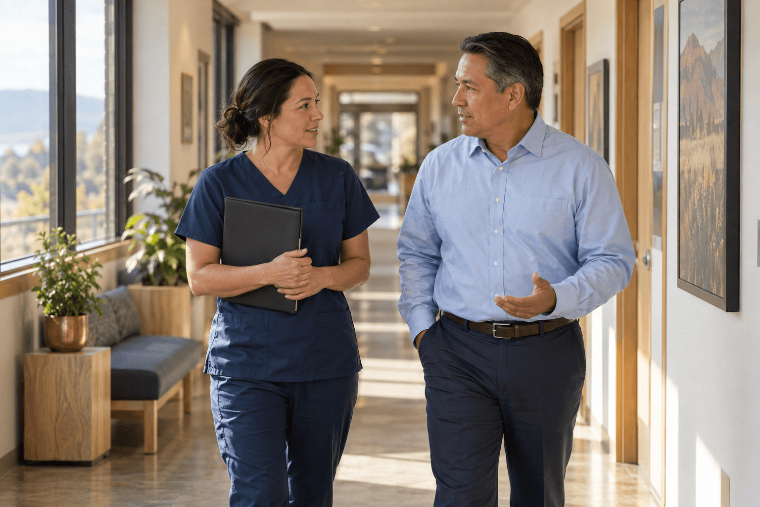 Two healthcare colleagues talking in a sunlit clinic corridor.
