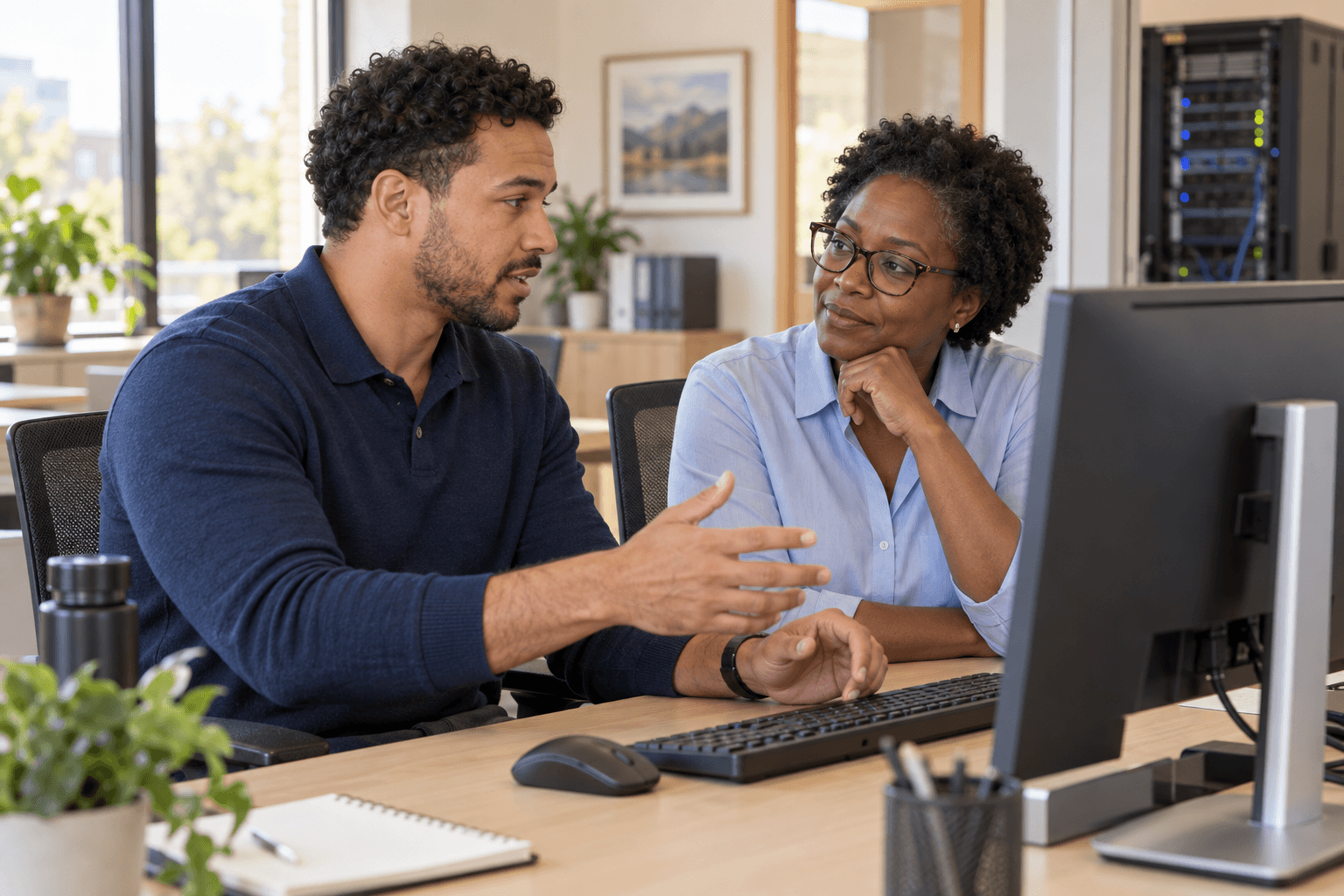 Two IT specialists working together at a computer in an ordinary office.